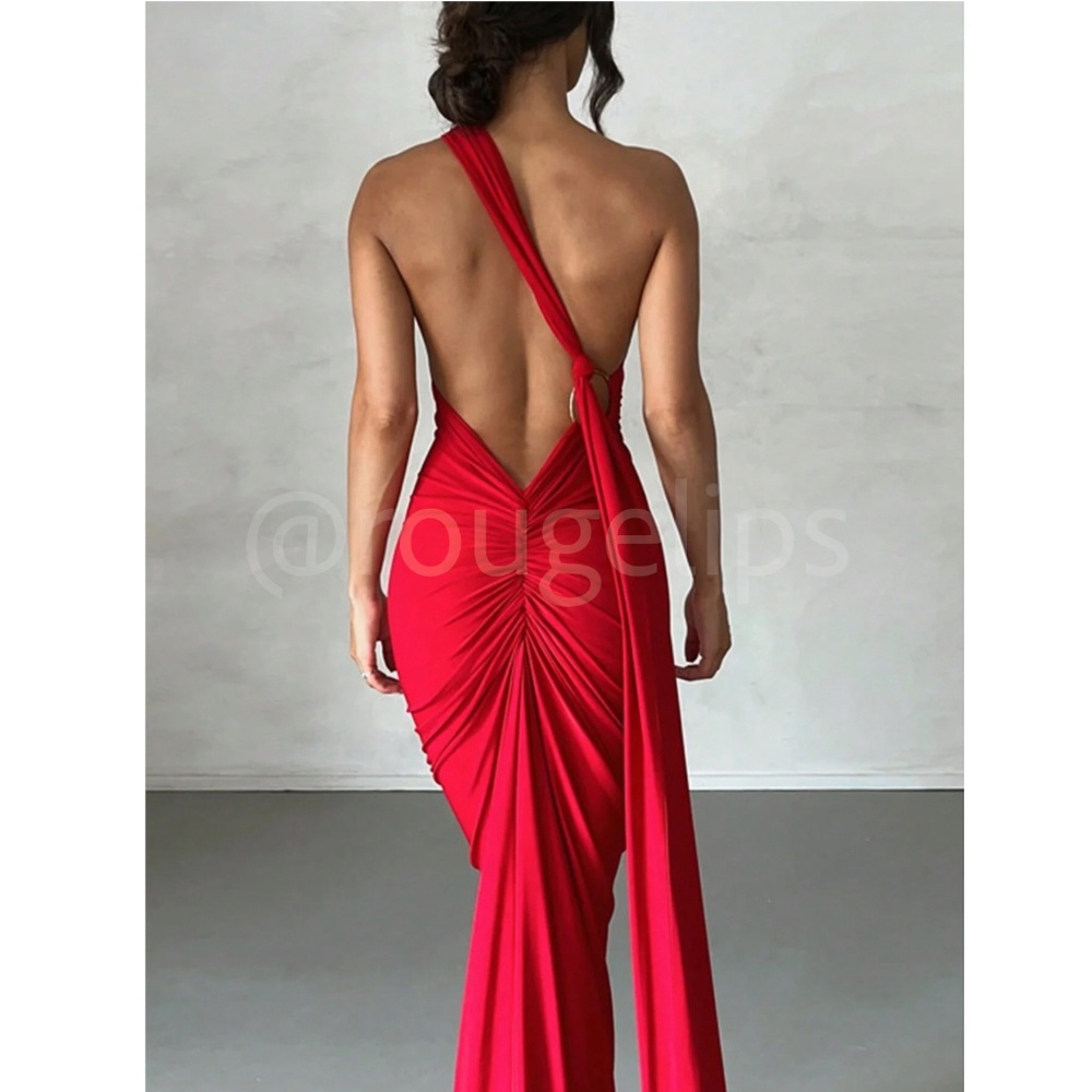 Red Maxi Long Sheath Dress One Shoulder Long Strap Ruched Back - Picture 3 of 5